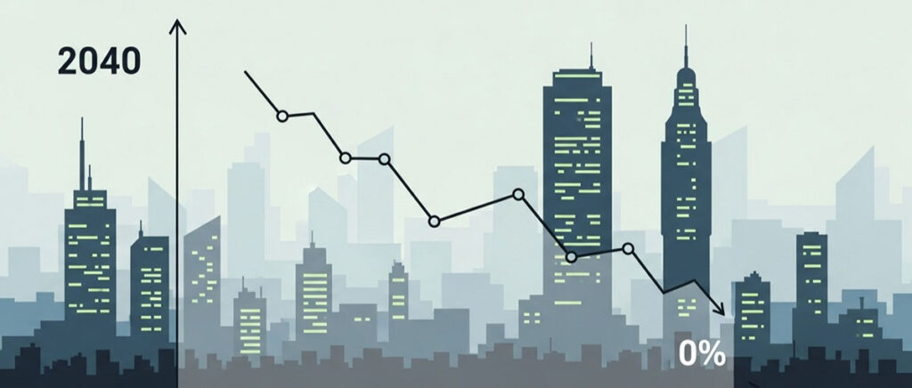 2040년 한국 경제성장률 0% 하락 그래프와 도시 스카이라인, 잠재성장률 둔화와 역성장 고착화 위기 시각화