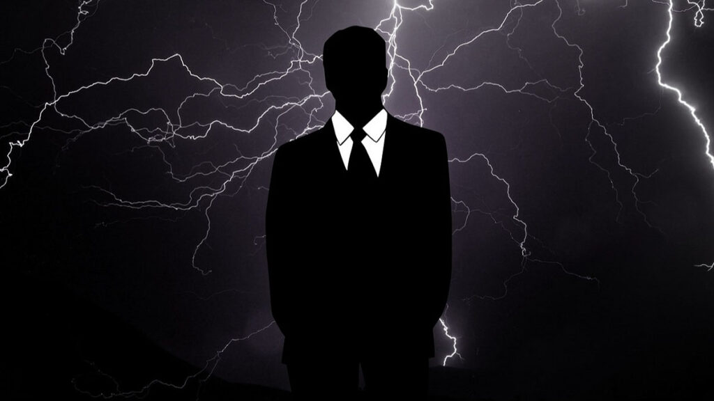 2040년 한국 경제성장률 0% 쇼크를 상징하는 정장 남성 실루엣, 번개 폭풍 배경으로 역성장 위기와 대전환 필요성 표현