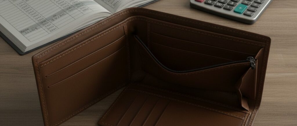 고환율이 불러온 생활비 부담과 실질 소득 감소를 보여주는 책상 위의 텅 빈 지갑과 가계부.