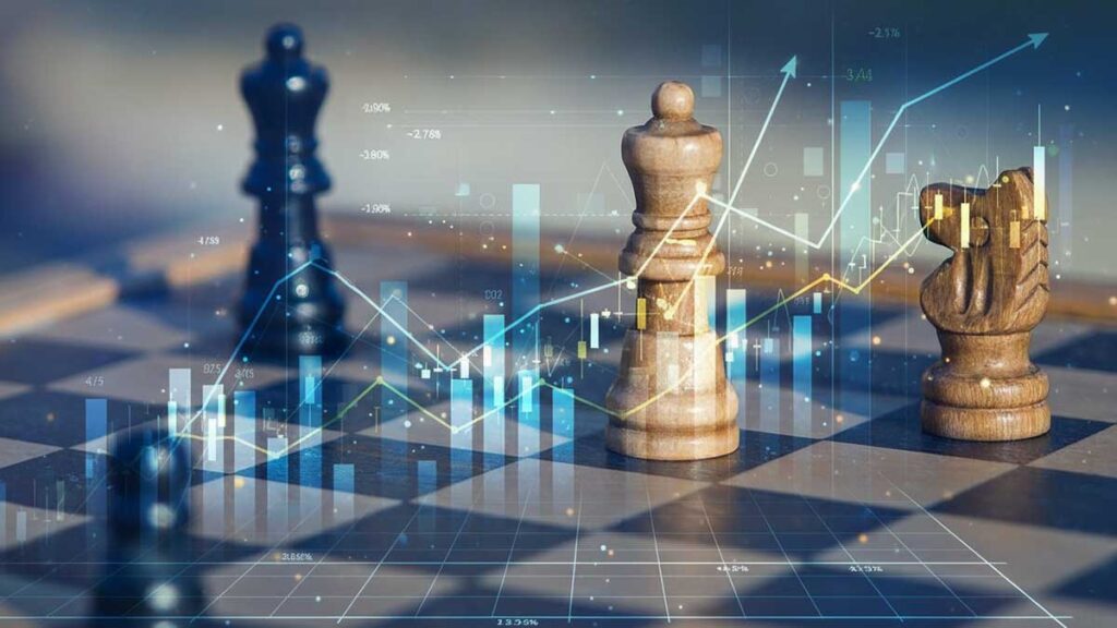 체스판 위의 금융 그래프와 체스말로 표현한 원달러 환율 전망에 대한 전략적 대응의 중요성