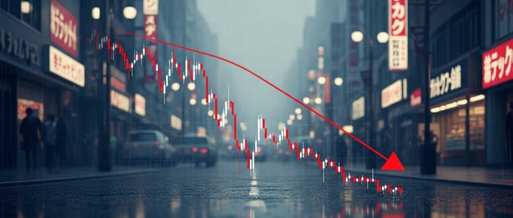 일본 잃어버린 30년 주식 하락 그래프와 비오는 거리, 한국 역성장 피하는 법 교훈으로 자산 거품 붕괴와 디플레이션 위기 표현